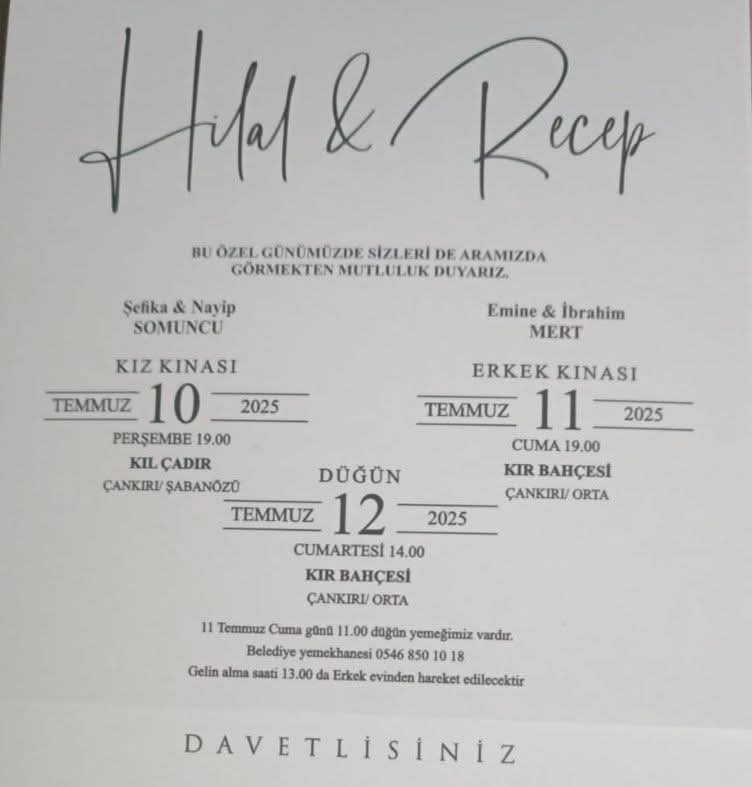 İbrahim Mert’in oğlu Recep Mert’in düğün törenlerine tüm halkımız davetlidir.